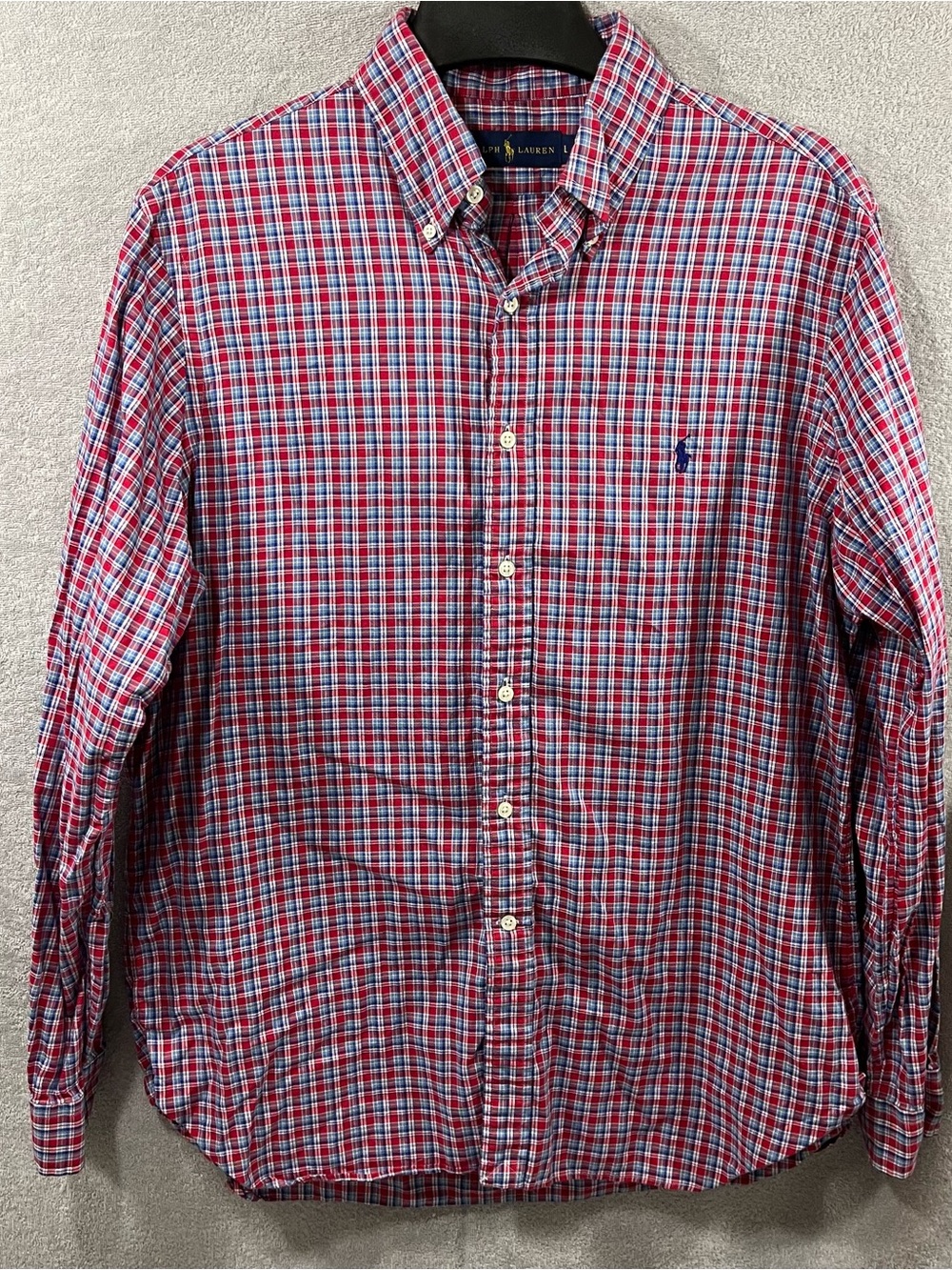 Polo Ralph Lauren Shirt Mens Large Red Blue Plaid Long Sleeve Pony